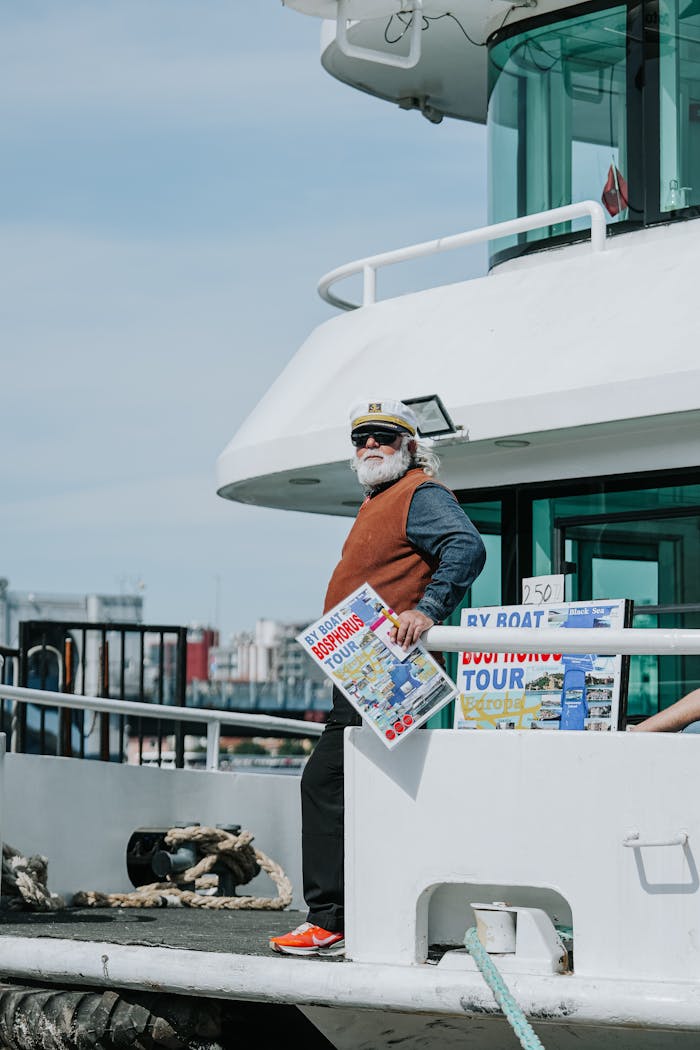 Tour guide on deck promoting Toronto waterfront boat tours on a sunny day.